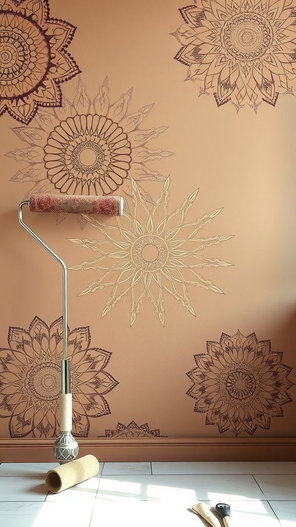 Wall with intricate mandala designs and a decorative roller