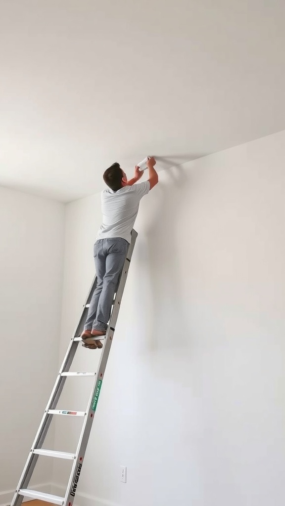 A person using a ladder to paint the top of a wall.
