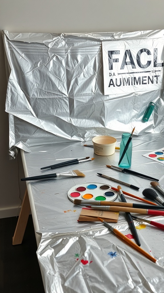 Table covered in aluminum foil with paint supplies scattered around
