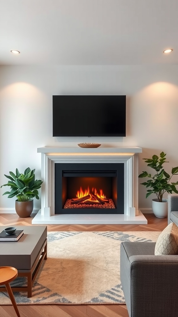 A modern living room featuring an electric fireplace with a TV above it, stylish furniture, and decorative plants.