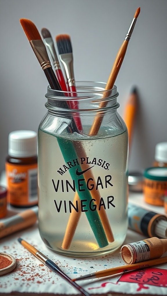 A jar filled with vinegar and different paintbrushes soaking in it, surrounded by other painting supplies.