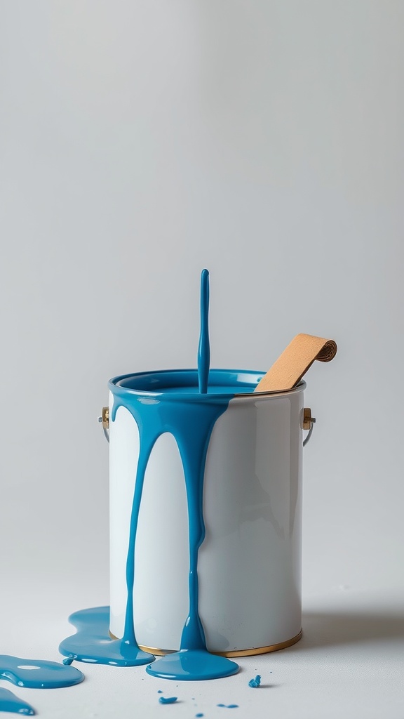 A paint can with blue paint spilling over the edge and a paint stirrer inside.