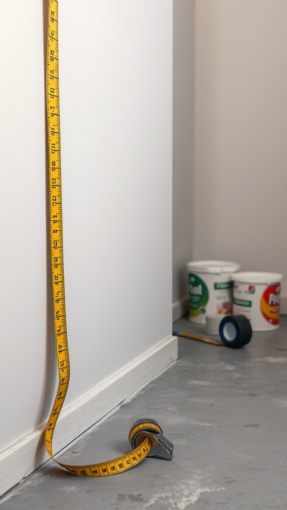 A yellow measuring tape stretched against a wall with paint cans in the background.