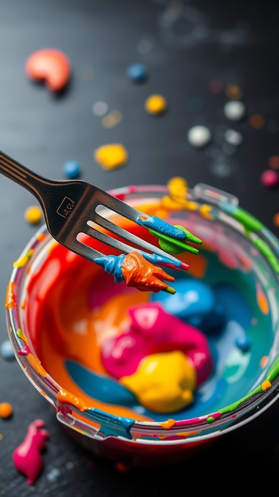 A fork mixing colorful paints in a bowl