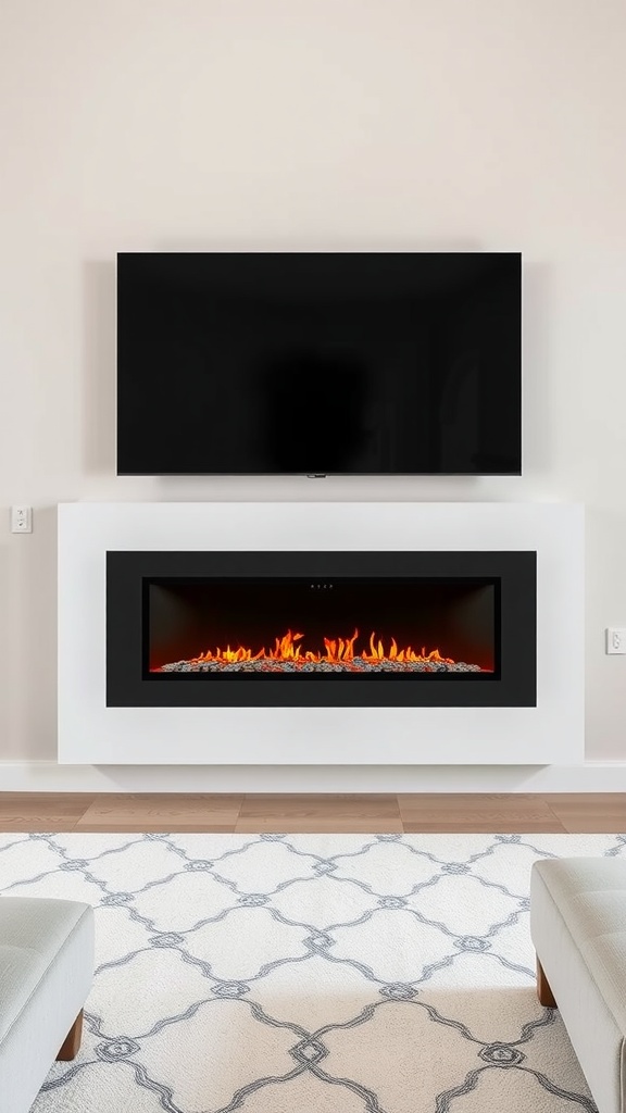 A modern minimalist living room featuring a TV mounted above an electric fireplace with a sleek design.