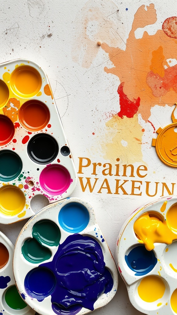 Colorful paint palettes with a variety of paint colors, showcasing mixing possibilities.