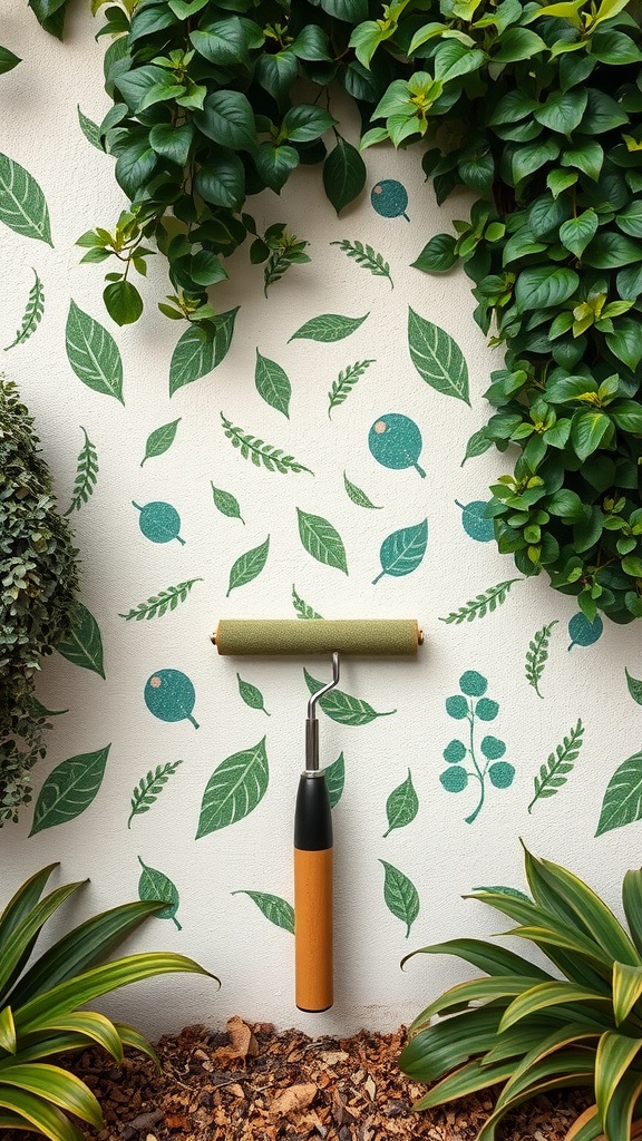 A decorative wall featuring leaf imprints with a roller tool in front