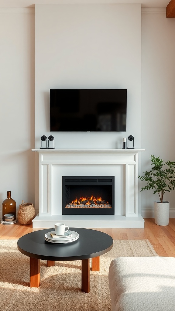 A cozy living room featuring an electric fireplace and a TV mounted above it, decorated in neutral tones.