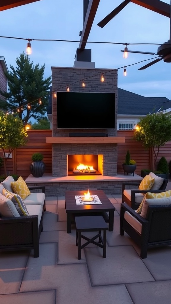 Cozy outdoor living space with an electric fireplace and TV above.