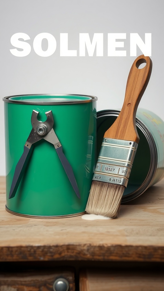 A paint can opener next to a green paint can and a paintbrush on a wooden surface.