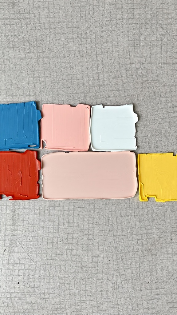 Paint finish samples in various colors laid out for texture comparison