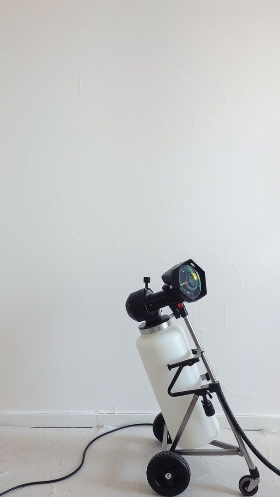 A paint sprayer ready for use, set against a blank wall.