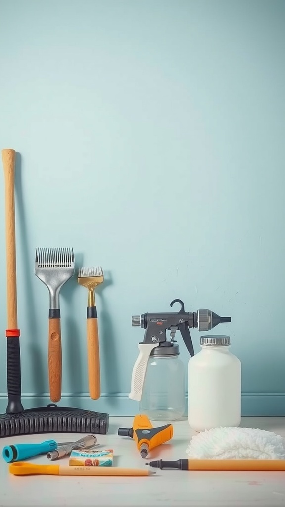 Image showcasing essential tools for maintaining a paint sprayer, including brushes, cleaning tools, and a paint sprayer itself.