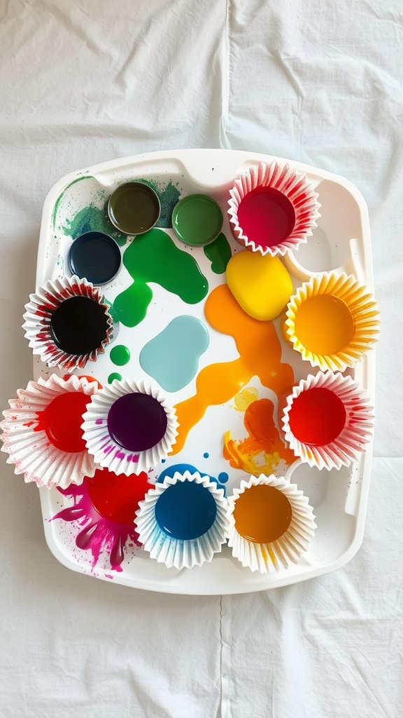 A paint tray filled with various paint colors in paper liners