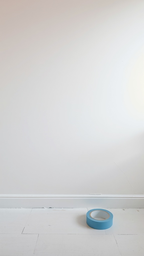A roll of blue painter's tape on a white floor, ready for painting.