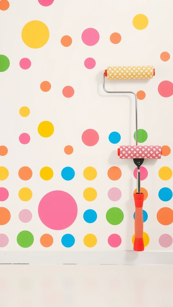 A wall with colorful polka dots and a decorative roller.