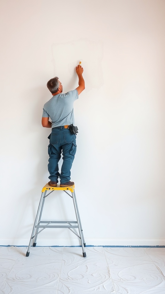 A person using a portable step stool to paint a wall