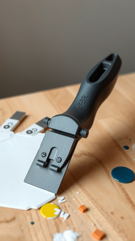 Image of a precision paint edger with adjustable angles on a wooden table with paint spots around.
