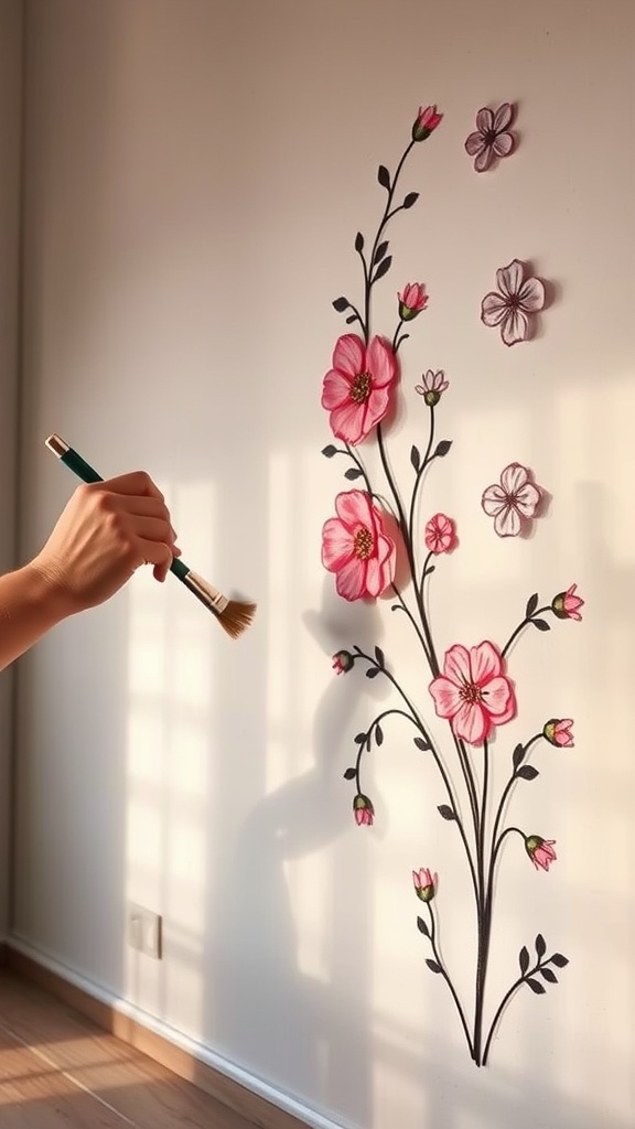 A hand using a foam brush to paint a flower mural on a wall, with sunlight casting shadows.