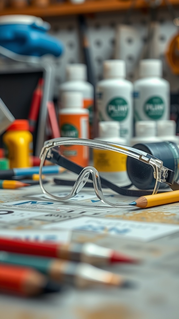 A pair of clear safety glasses placed on a work table surrounded by painting tools and supplies.