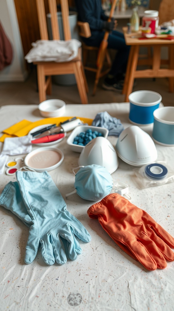 A variety of protective gear for painting including gloves and masks.