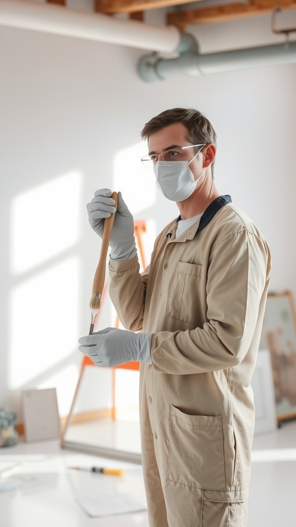 A painter wearing a mask and gloves, holding a paintbrush, ready to start a project.