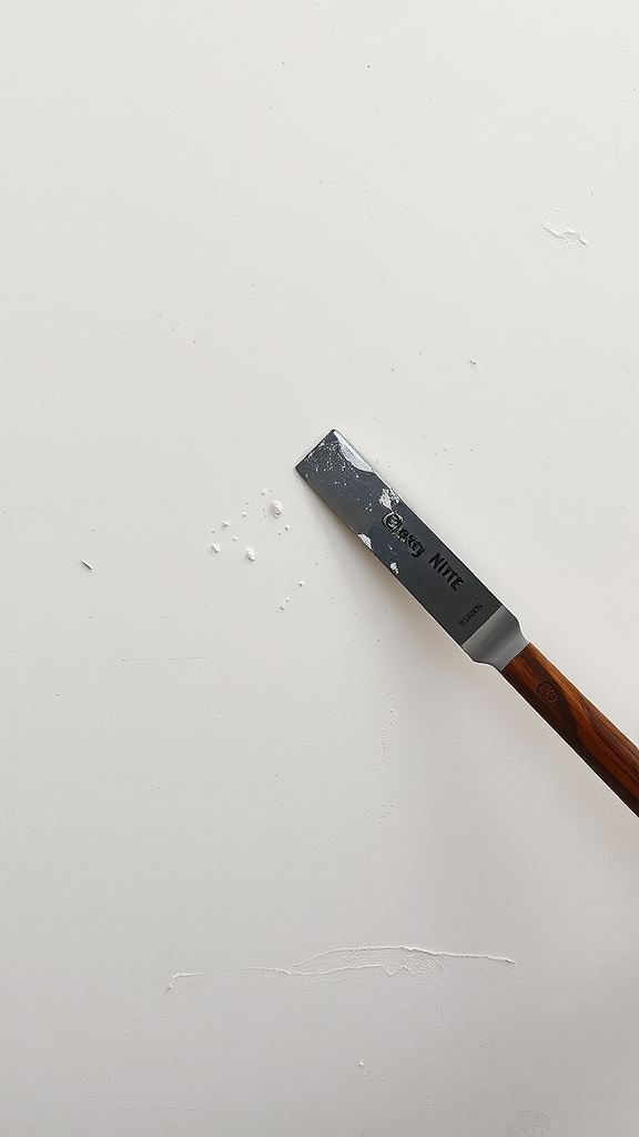 A putty knife with a wooden handle on a white surface, coated with spackle, ready for filling holes.