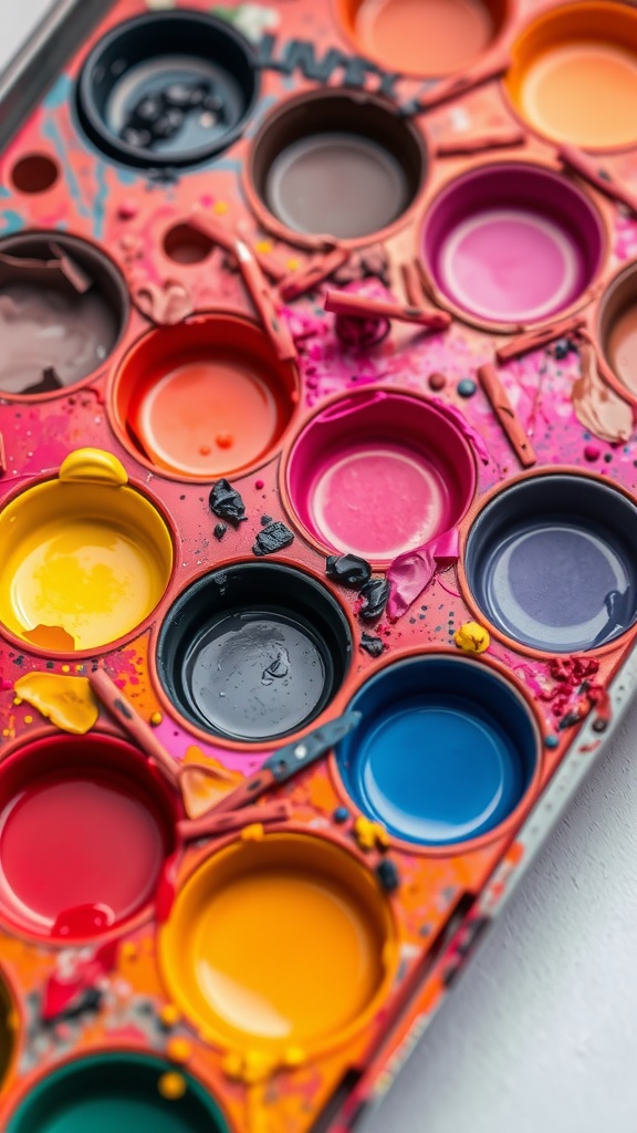 A colorful paint tray with various paint wells, showcasing mixed colors and a creative workspace.