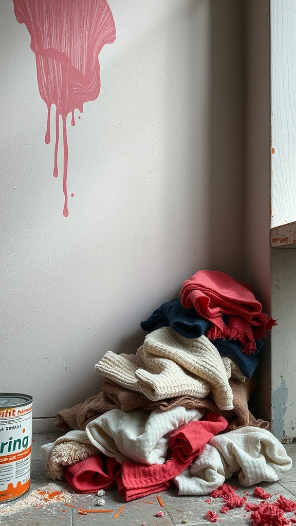 A pile of colorful rags next to a paint can and a wall with paint drips.