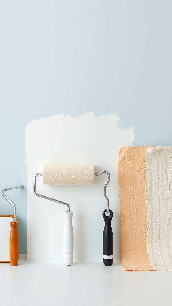 Various paint rollers for different textures with paint swatches on a light blue background.