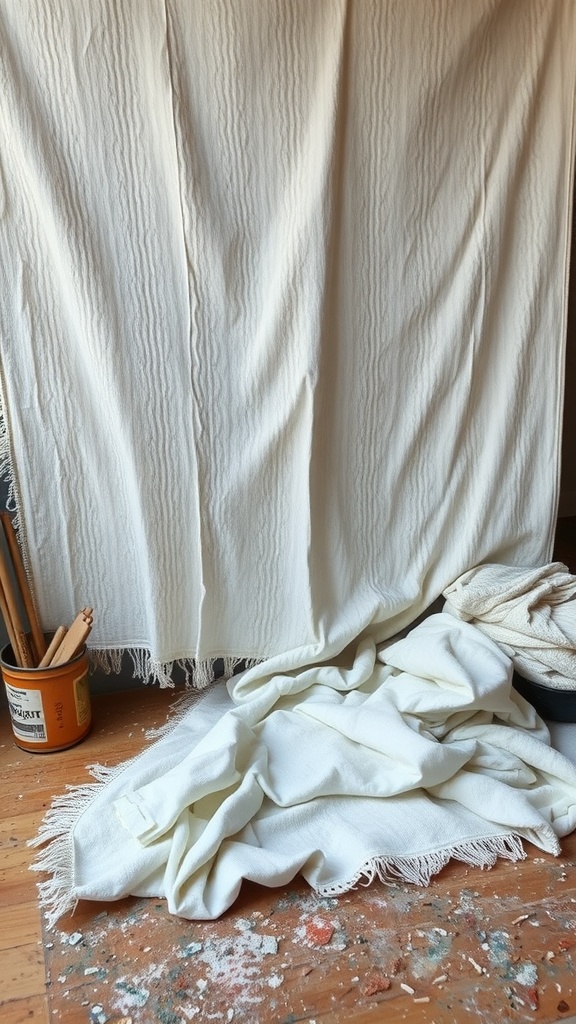 An old white towel draped and lying on the floor, used as rags for painting.
