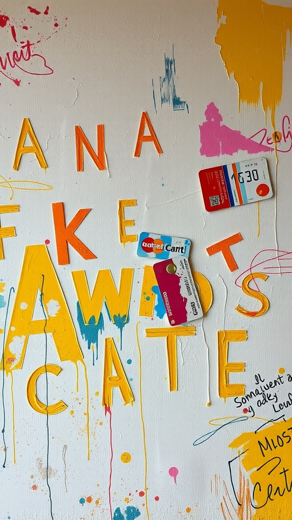 Old credit cards used for scraping paint on a colorful wall