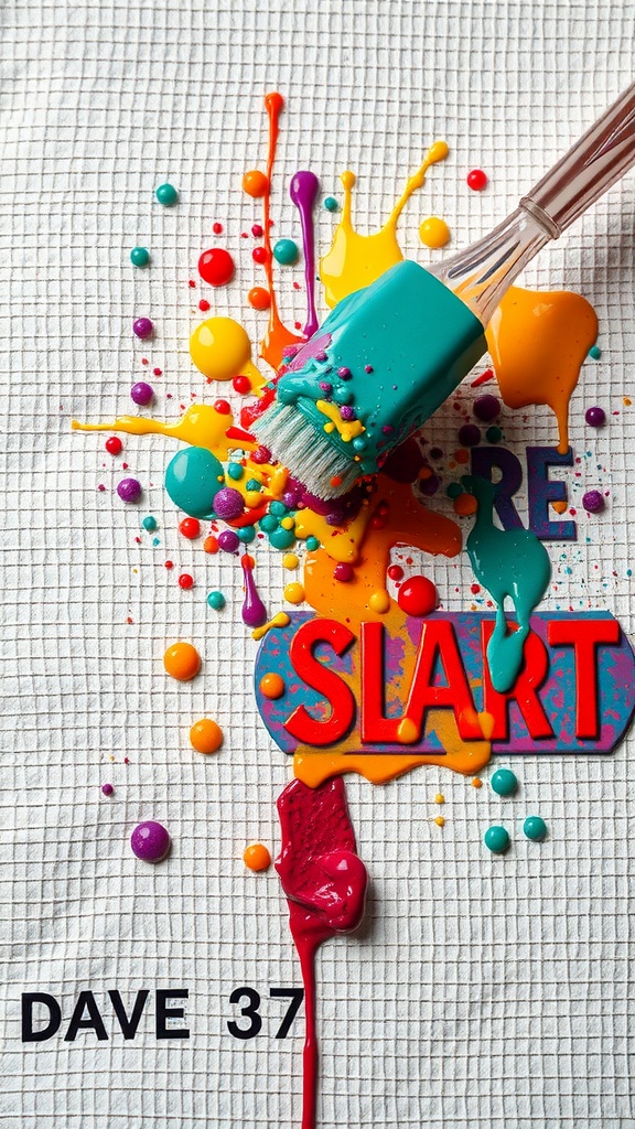A colorful splatter of paint with a toothbrush covered in bright colors.