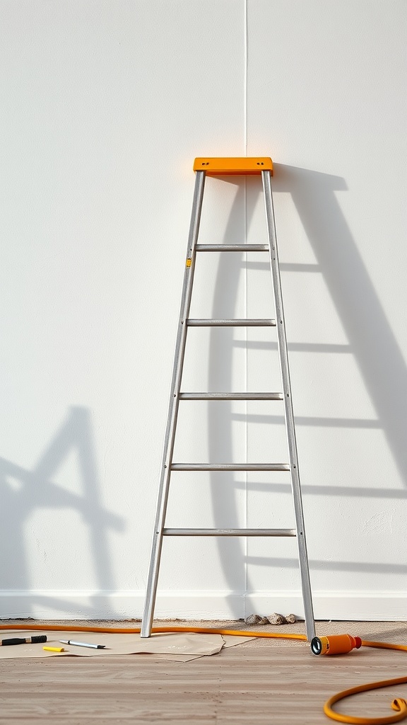 A sturdy ladder leaning against a white wall with painting tools nearby.