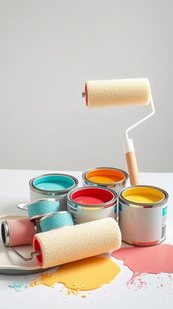 An array of paint rollers and cans in various colors, showcasing painting tools for smooth coverage.