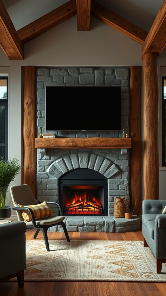 Cozy living room featuring a stone fireplace with an electric fire, wooden accents, and a TV mounted above the fireplace.