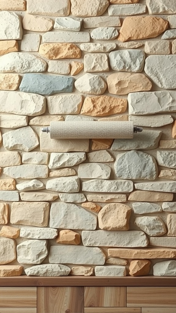A decorative roller next to a rustic stone wall, showcasing a natural earthy vibe.