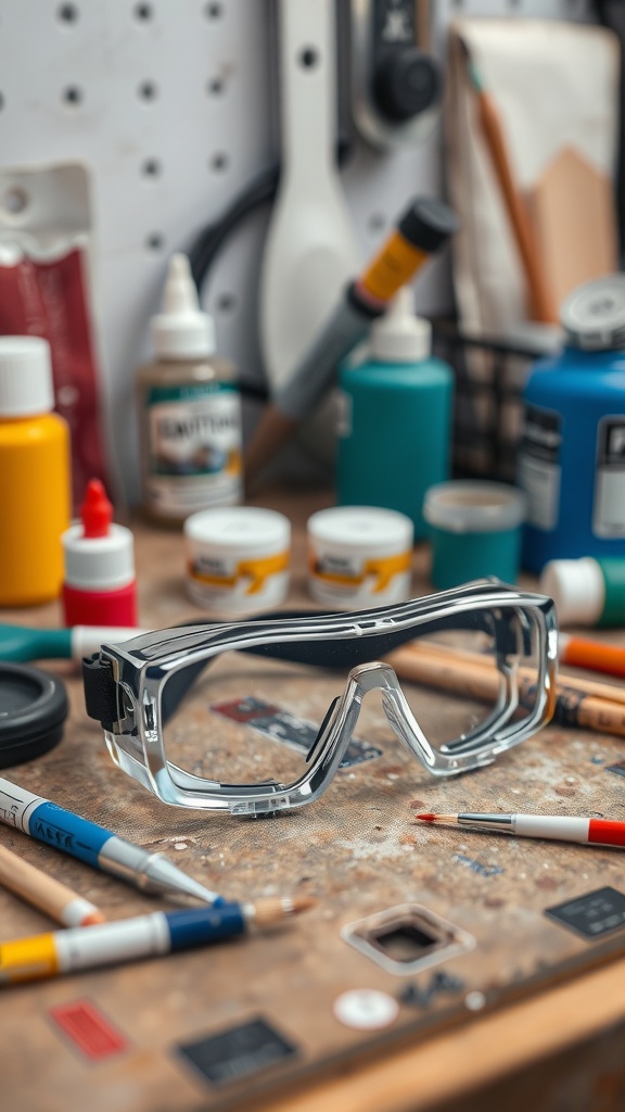A pair of safety goggles on a work surface with various paint supplies scattered around.