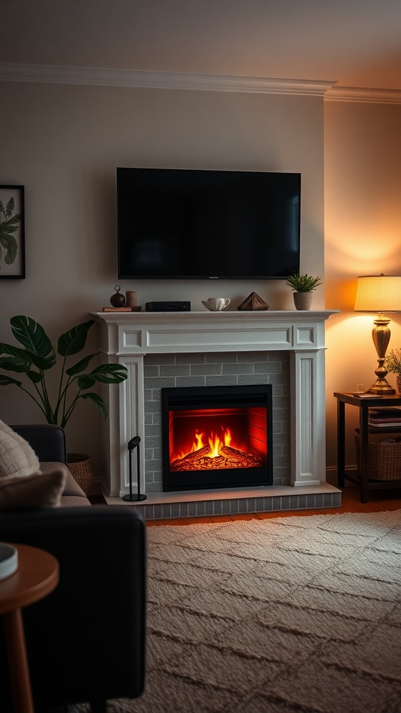 Cozy living room with electric fireplace and TV above