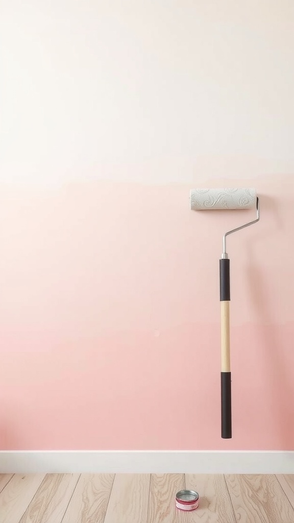 A wall showing a soft ombre finish with a decorative roller leaning against it.
