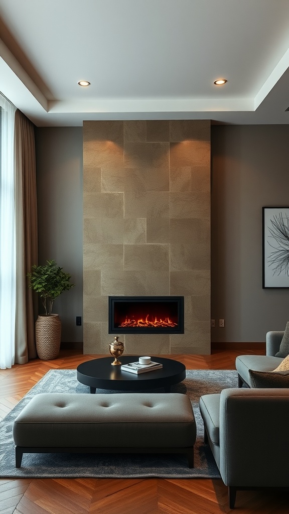 A modern living room featuring an electric fireplace beneath a TV, with sophisticated color palettes of gray and warm tones.