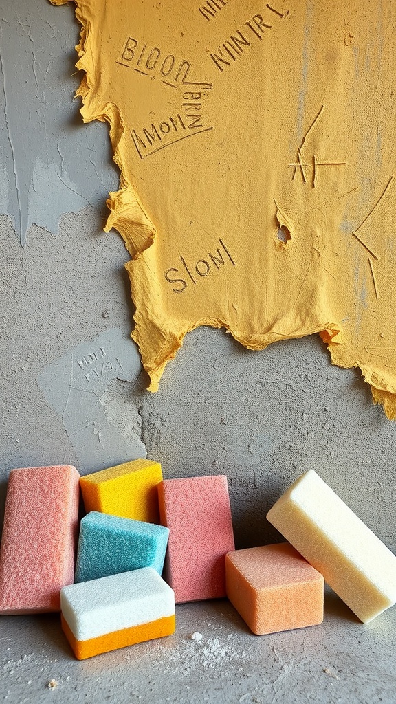 A collection of colorful sponges in front of a textured wall with yellow paint.