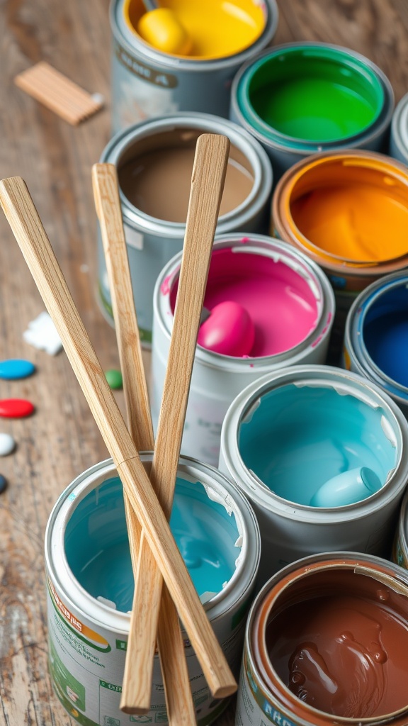 A collection of paint cans with stirring sticks resting on them, showcasing vibrant colors.