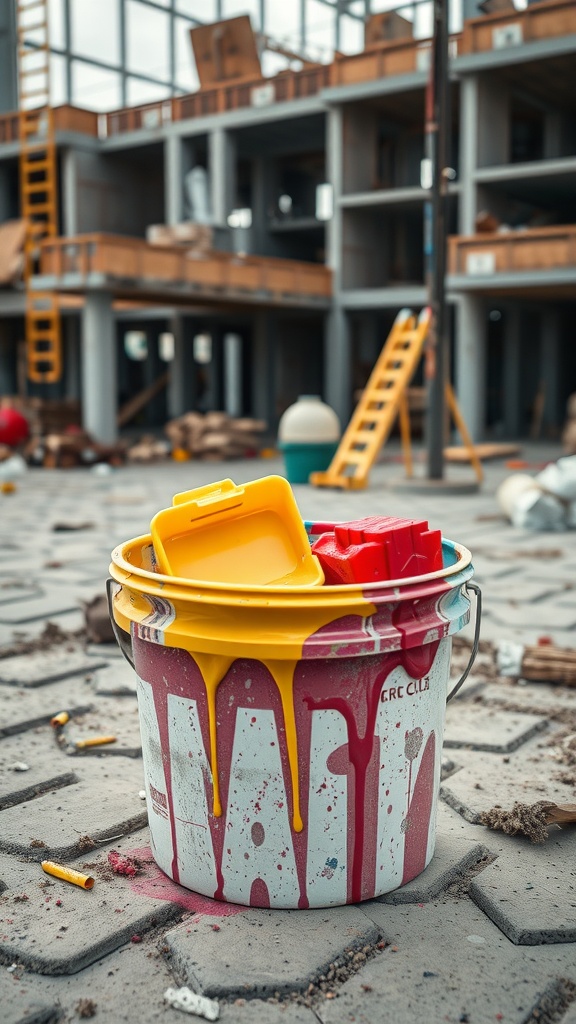 A paint bucket with splashes of color, featuring a yellow lid and red accessories, placed on a construction site.