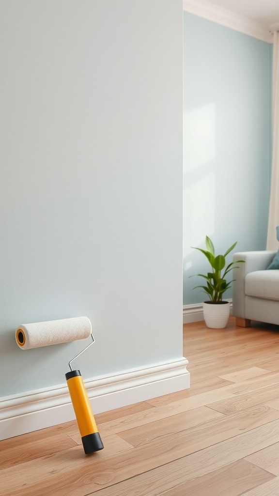 A bright yellow and black paint roller leaning against a light blue wall in a room with wooden flooring and a plant.
