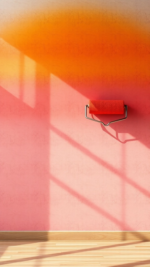 A wall with a sunset gradient texture, transitioning from orange to pink, with a paint roller resting against it.