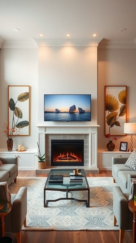 A cozy living room featuring a TV above an electric fireplace, surrounded by symmetrical artwork.