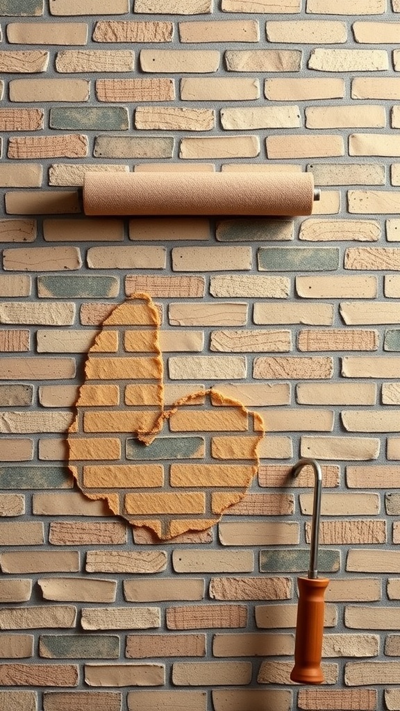 A wall with a textured brick appearance being painted using a decorative roller, showcasing partially applied texture.
