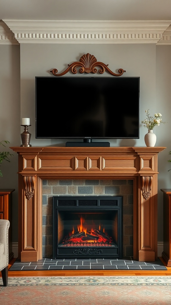 Traditional mantel with an electric fireplace and a television above it.