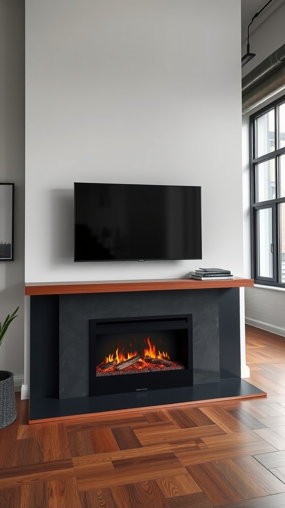 Modern urban loft with electric fireplace and TV above
